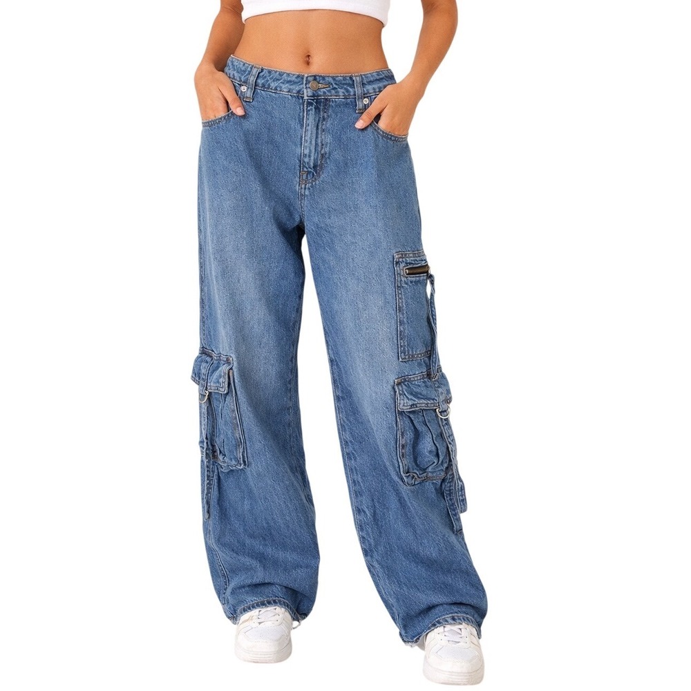 Wild Fable Womens Mid Rise Baggy Cargo Jeans Medium Wash Blue Wide Leg Size 8/R - Picture 1 of 5